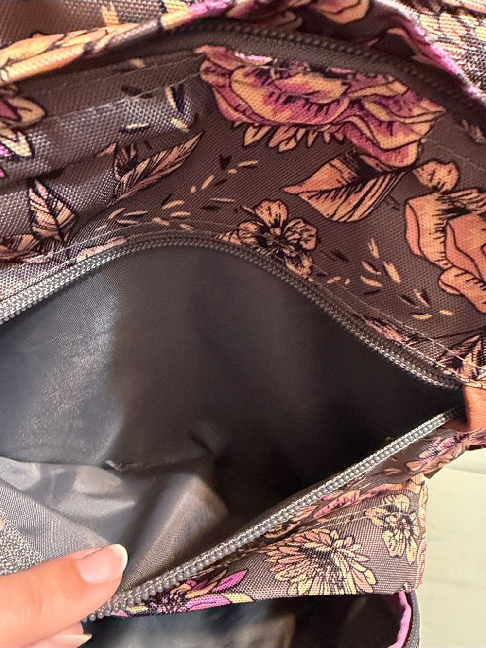 Jansport Gray Floral Backpack with Pink Accents and Brown Leather Base - Picture 5 of 9